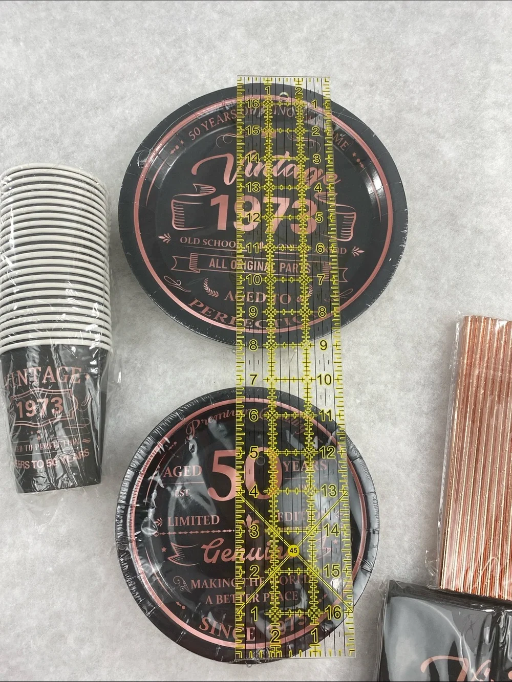 Vintage 1973 Party Set - Black & Rose Gold 50 years party supplies plates cups